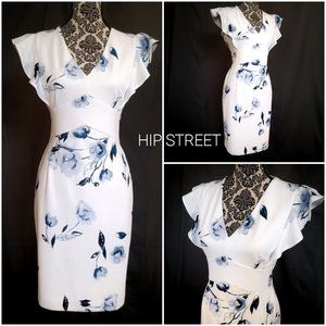 DKNY Sleeveless Ruffle Shoulder High Waist Floral Sheath V Neck Stretch Dress 10